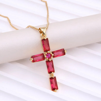 Simple Style Cross Copper Plating Inlay Glass Zircon 18k Gold Plated Pendant Necklace