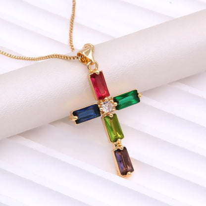 Simple Style Cross Copper Plating Inlay Glass Zircon 18k Gold Plated Pendant Necklace