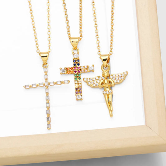 Simple Style Cross Copper Plating Inlay Zircon 18k Gold Plated Necklace