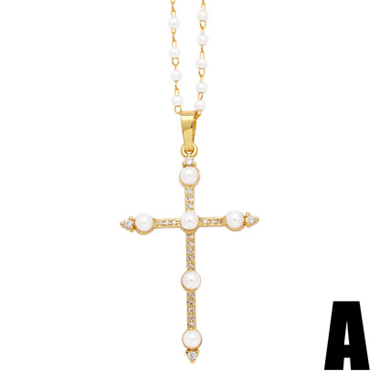 Simple Style Cross Copper Plating Inlay Zircon 18k Gold Plated Pendant Necklace