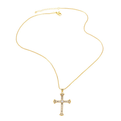 Simple Style Cross Copper Plating Inlay Zircon 18k Gold Plated Pendant Necklace