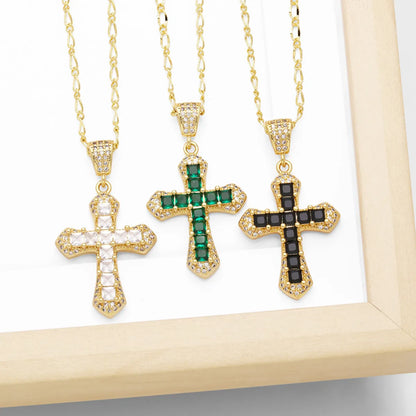 Simple Style Cross Copper Plating Inlay Zircon 18k Gold Plated Pendant Necklace