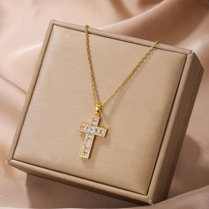 Simple Style Cross Copper Plating Inlay Zircon 18k Gold Plated Pendant Necklace