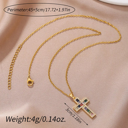 Simple Style Cross Copper Plating Inlay Zircon 18k Gold Plated Pendant Necklace