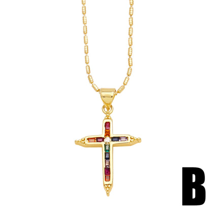 Simple Style Cross Copper Plating Inlay Zircon 18k Gold Plated Pendant Necklace