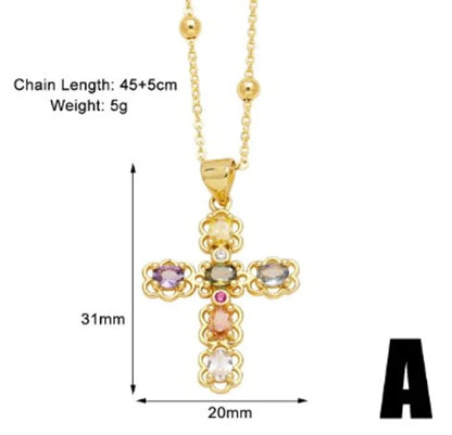 Simple Style Cross Copper Plating Inlay Zircon 18k Gold Plated Pendant Necklace