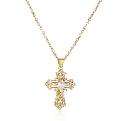 Simple Style Cross Copper Plating Inlay Zircon Gold Plated Pendant Necklace