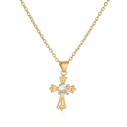 Simple Style Cross Copper Plating Inlay Zircon Gold Plated Pendant Necklace