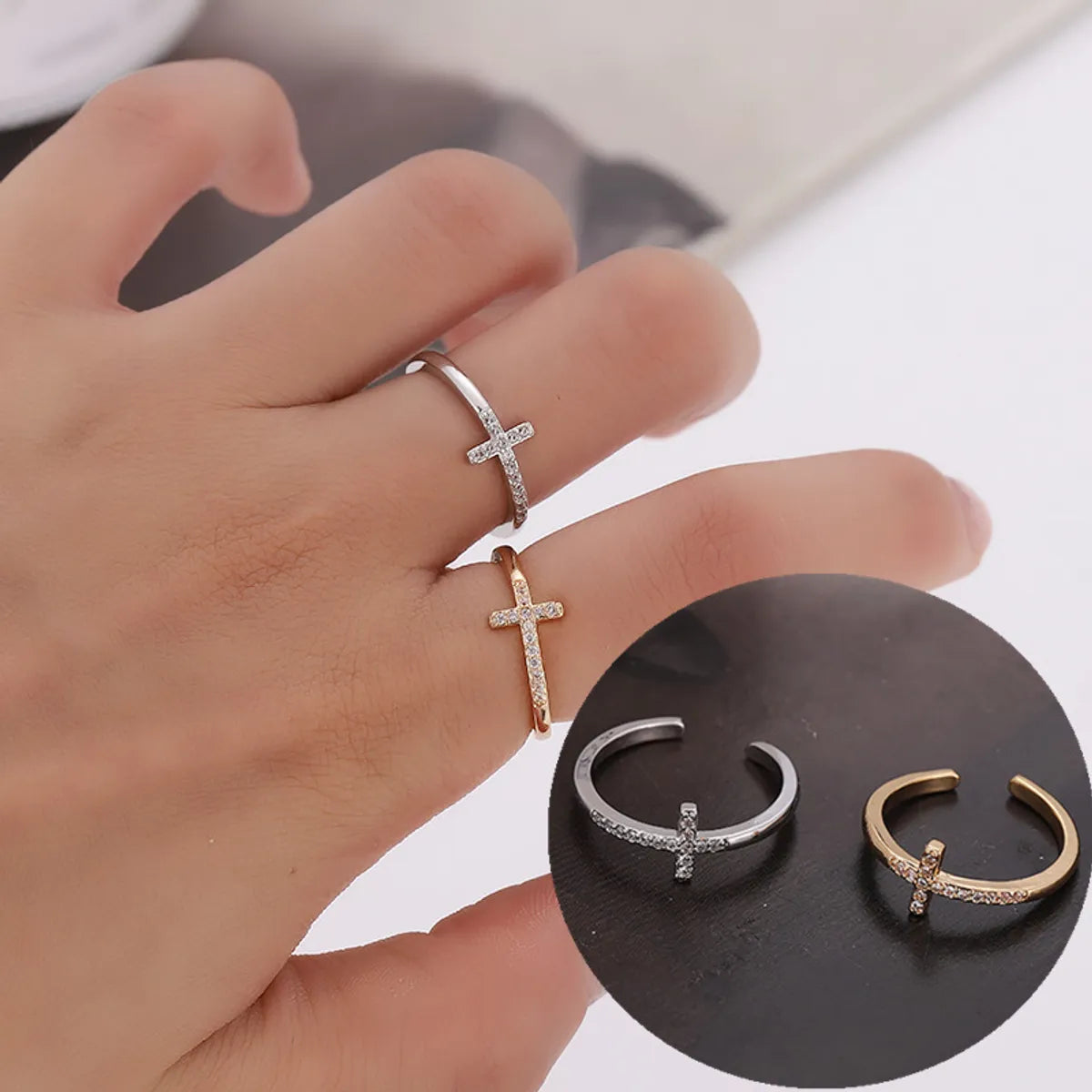 Simple Style Cross Copper Plating Inlay Zircon Open Rings