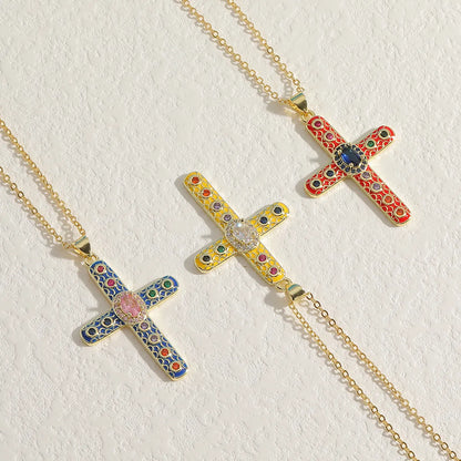 Simple Style Cross Copper Rhinestones Pendant Necklace In Bulk