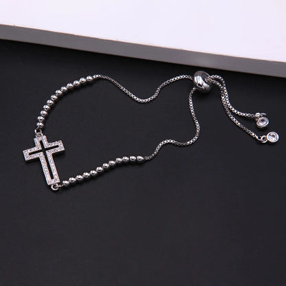 Simple Style Cross Copper White Gold Plated Zircon Drawstring Bracelets In Bulk