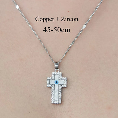 Simple Style Cross Devil'S Eye Flower Copper Plating Inlay Zircon Pendant Necklace