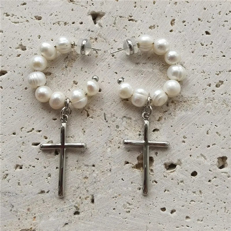 Simple Style Cross Freshwater Pearl Beaded Women'S Earrings Necklace