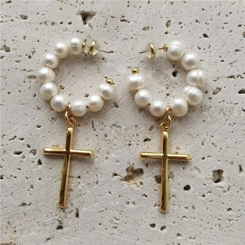 Simple Style Cross Freshwater Pearl Beaded Women'S Earrings Necklace