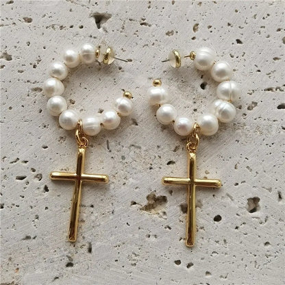 Simple Style Cross Freshwater Pearl Beaded Women'S Earrings Necklace