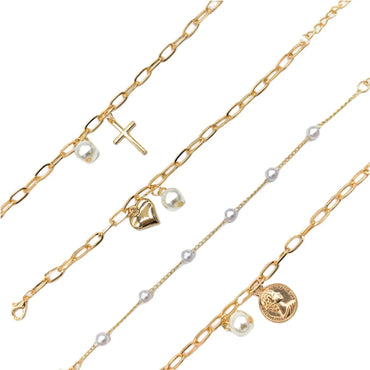 Simple Style Cross Heart Shape Artificial Pearl Alloy Plating Gold Plated Women'S Bracelets