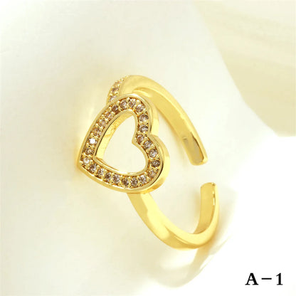 Simple Style Cross Heart Shape Fish Tail Copper Plating Inlay Zircon 18k Gold Plated Open Rings