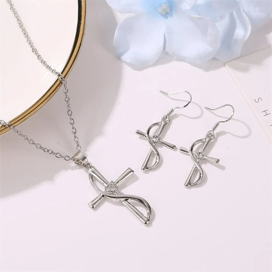 Simple Style Cross Imitation Diamond Alloy Plating Inlay Artificial Diamond Silver Plated Women's Jewelry Set