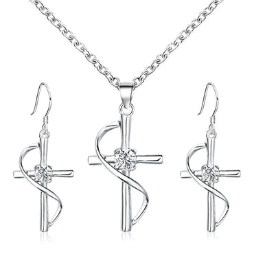 Simple Style Cross Imitation Diamond Alloy Plating Inlay Artificial Diamond Silver Plated Women's Jewelry Set