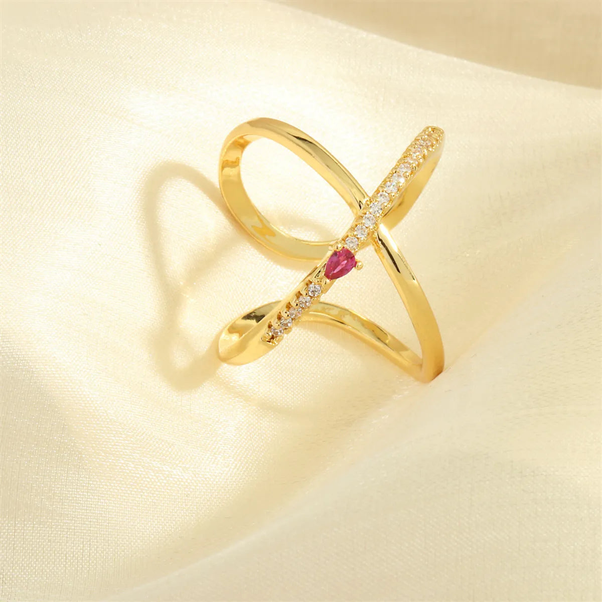 Simple Style Cross Lines Copper Plating Inlay Zircon 18k Gold Plated Open Rings