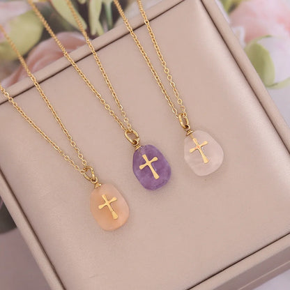 Simple Style Cross Natural Stone Titanium Steel Wholesale Pendant Necklace