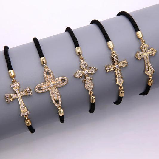 Simple Style Cross Rope Copper Drawstring Plating Inlay Zircon 18k Gold Plated Unisex Drawstring Bracelets