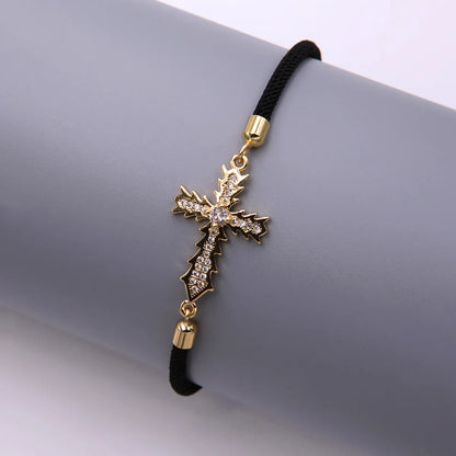 Simple Style Cross Rope Copper Drawstring Plating Inlay Zircon 18k Gold Plated Unisex Drawstring Bracelets