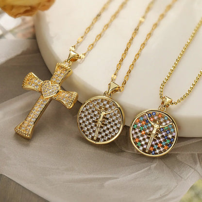 Simple Style Cross Round Heart Shape Stainless Steel Copper Plating Inlay Zircon 18k Gold Plated Pendant Necklace