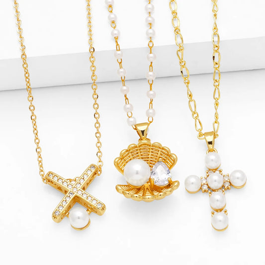 Simple Style Cross Shell Copper 18k Gold Plated Artificial Pearls Zircon Pendant Necklace In Bulk