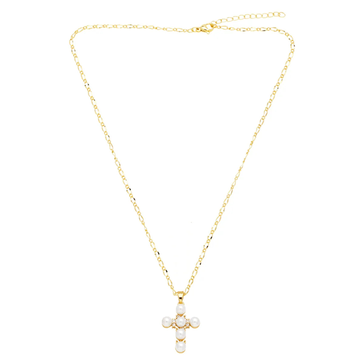 Simple Style Cross Shell Copper 18k Gold Plated Artificial Pearls Zircon Pendant Necklace In Bulk