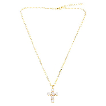 Simple Style Cross Shell Copper 18k Gold Plated Artificial Pearls Zircon Pendant Necklace In Bulk