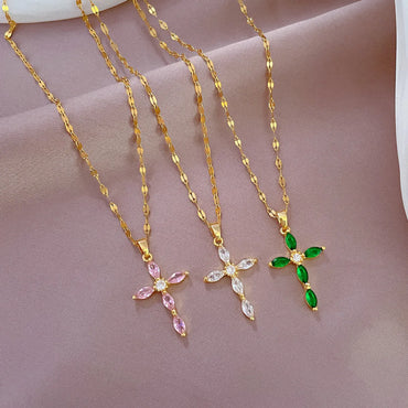 Simple Style Cross Stainless Steel Copper Inlay Zircon Pendant Necklace