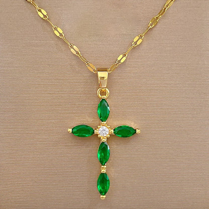 Simple Style Cross Stainless Steel Copper Inlay Zircon Pendant Necklace