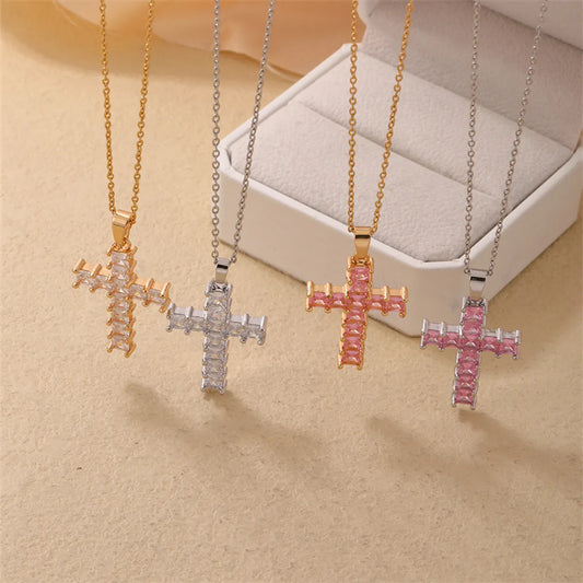 Simple Style Cross Stainless Steel Copper Plating Inlay Zircon Silver Plated Pendant Necklace