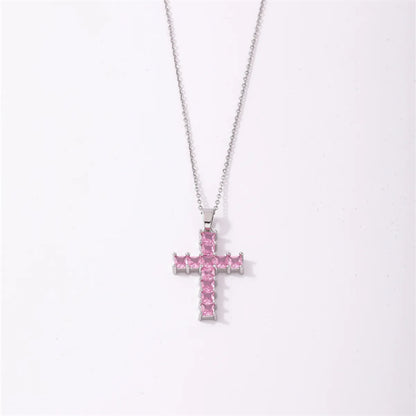 Simple Style Cross Stainless Steel Copper Plating Inlay Zircon Silver Plated Pendant Necklace