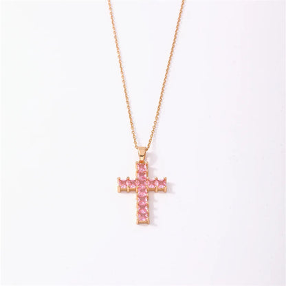 Simple Style Cross Stainless Steel Copper Plating Inlay Zircon Silver Plated Pendant Necklace