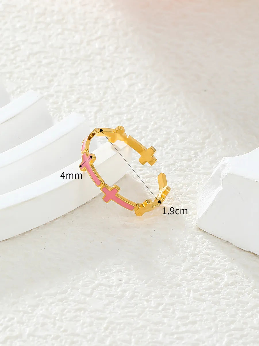 Simple Style Cross Stainless Steel Enamel Plating 18k Gold Plated Open Rings