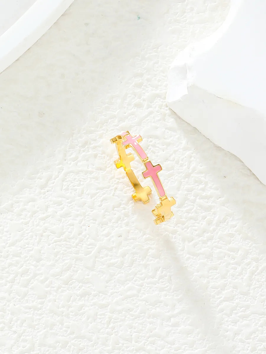 Simple Style Cross Stainless Steel Enamel Plating 18k Gold Plated Open Rings