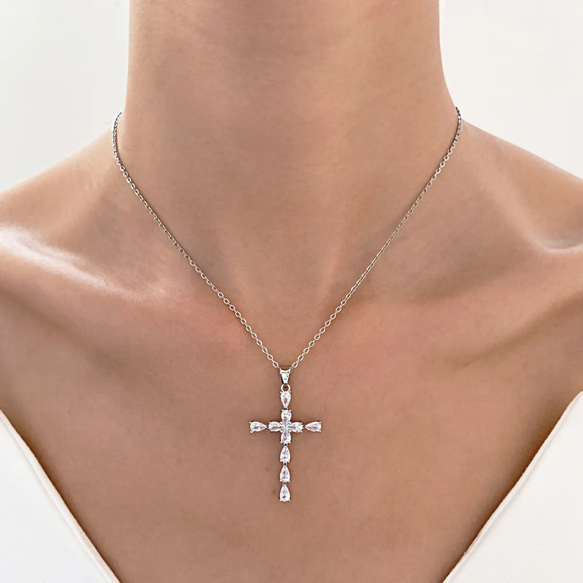 Simple Style Cross Stainless Steel Plating Inlay Zircon 18k Gold Plated Silver Plated Pendant Necklace