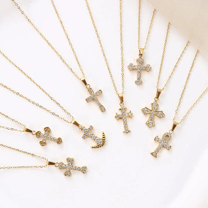 Simple Style Cross Stainless Steel Plating Inlay Zircon Gold Plated Pendant Necklace