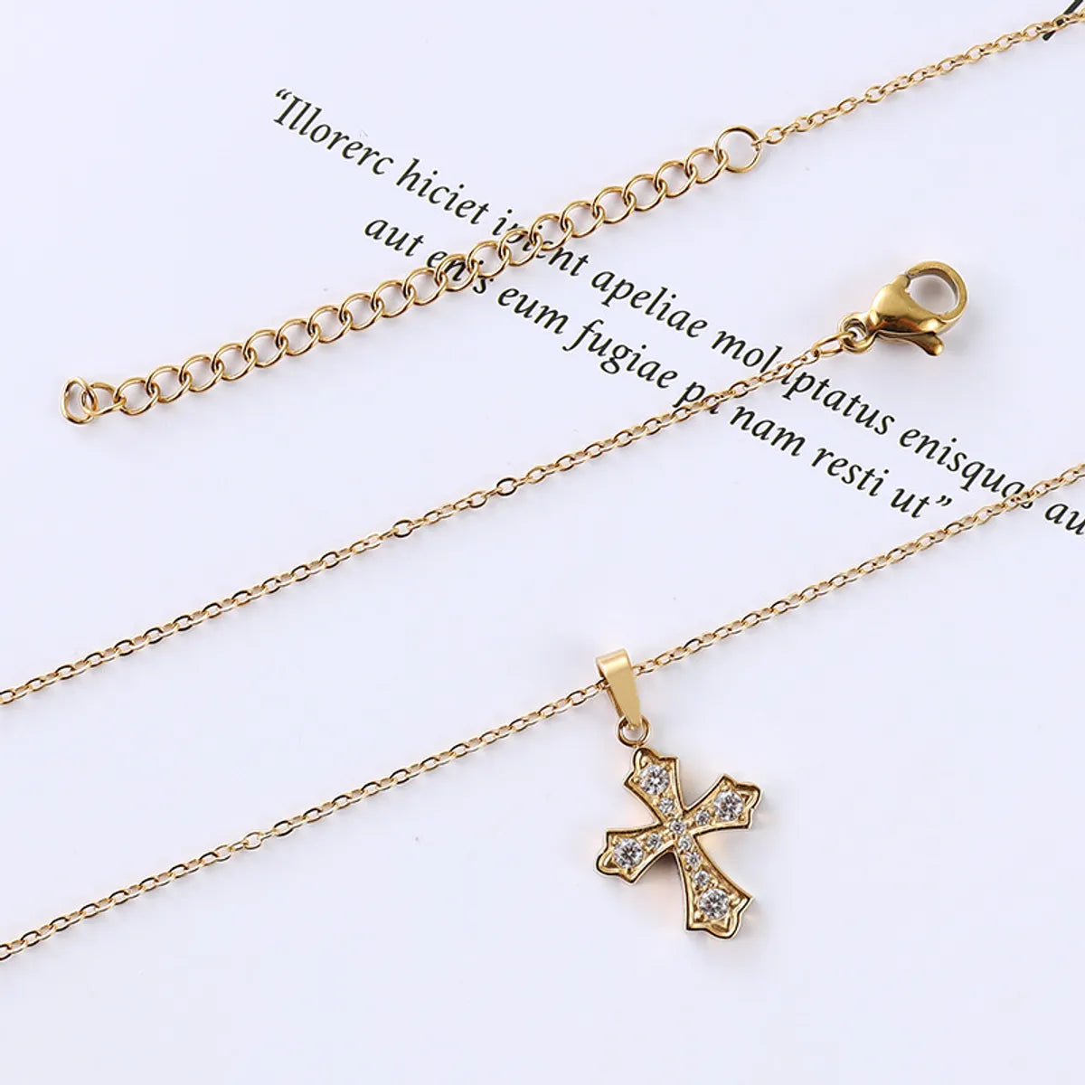 Simple Style Cross Stainless Steel Plating Inlay Zircon Gold Plated Pendant Necklace