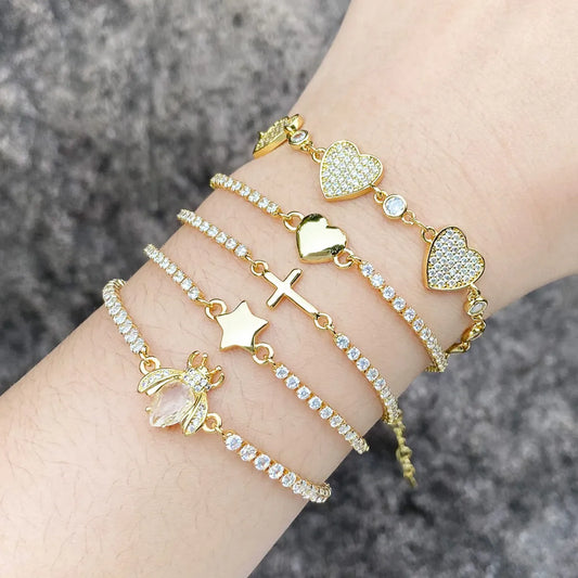 Simple Style Cross Star Heart Shape Copper Plating Inlay Zircon 18k Gold Plated Bracelets