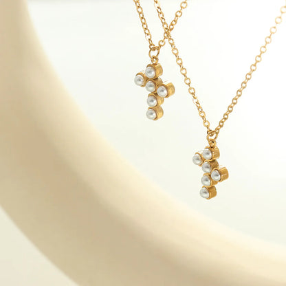 Simple Style Cross Titanium Steel Plating Inlay Artificial Pearls Pendant Necklace