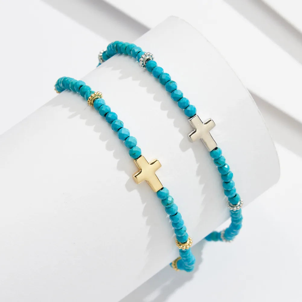 Simple Style Cross Turquoise Sterling Silver Polishing Plating Chain 14K Gold Plated White Gold Plated Women'S Anklet