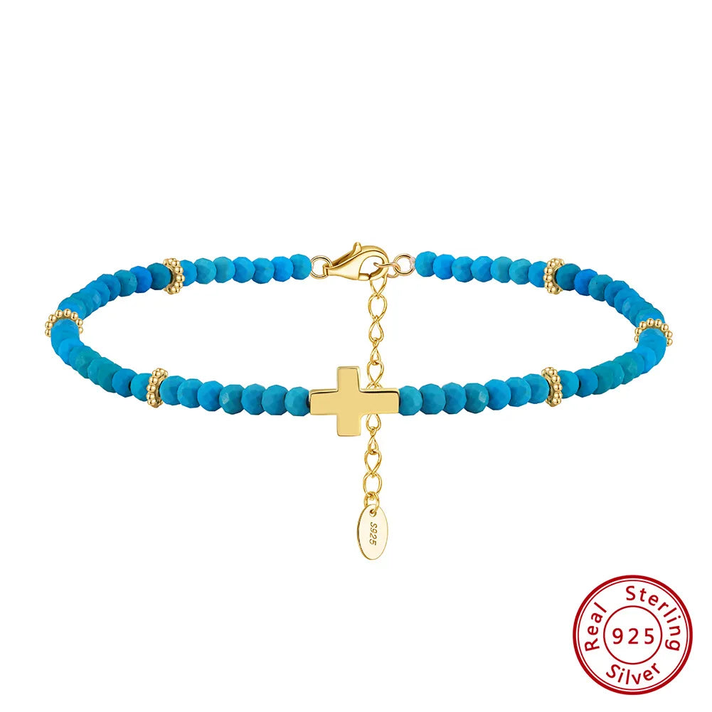 Simple Style Cross Turquoise Sterling Silver Polishing Plating Chain 14K Gold Plated White Gold Plated Women'S Anklet