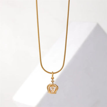 Simple Style Crown Stainless Steel Copper Plating Inlay Pearl Zircon Gold Plated Pendant Necklace