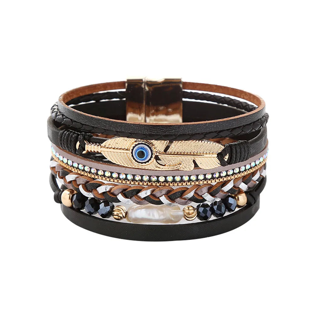 Simple Style Devil'S Eye Feather Pu Leather Beaded Layered Women'S Bangle