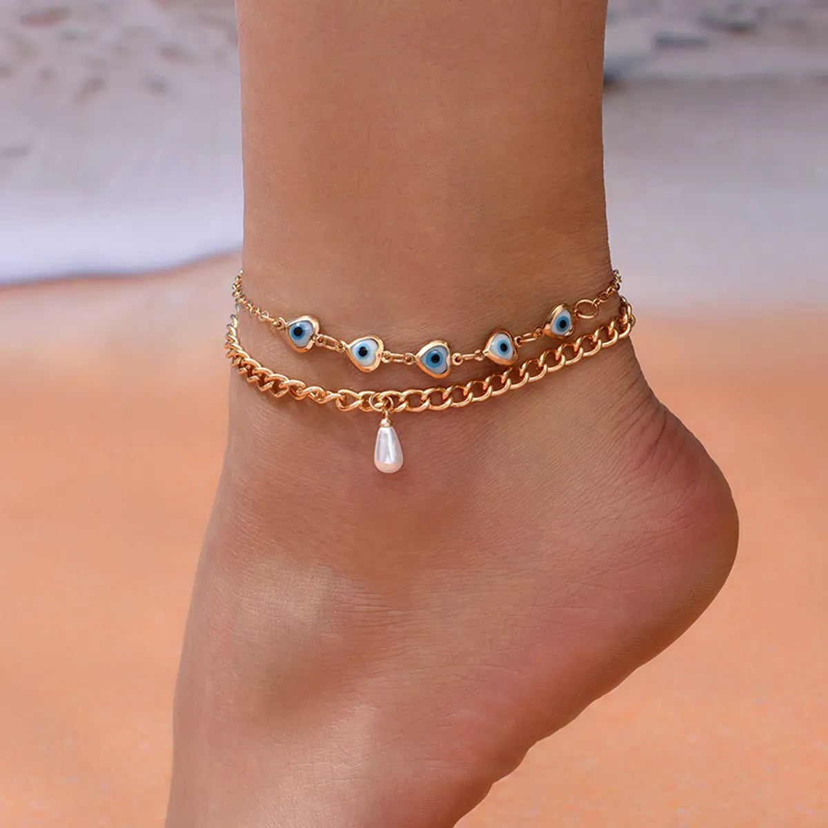 Simple Style Devil's Eye Heart Shape Alloy Layered Inlay Pearl Women's Anklet