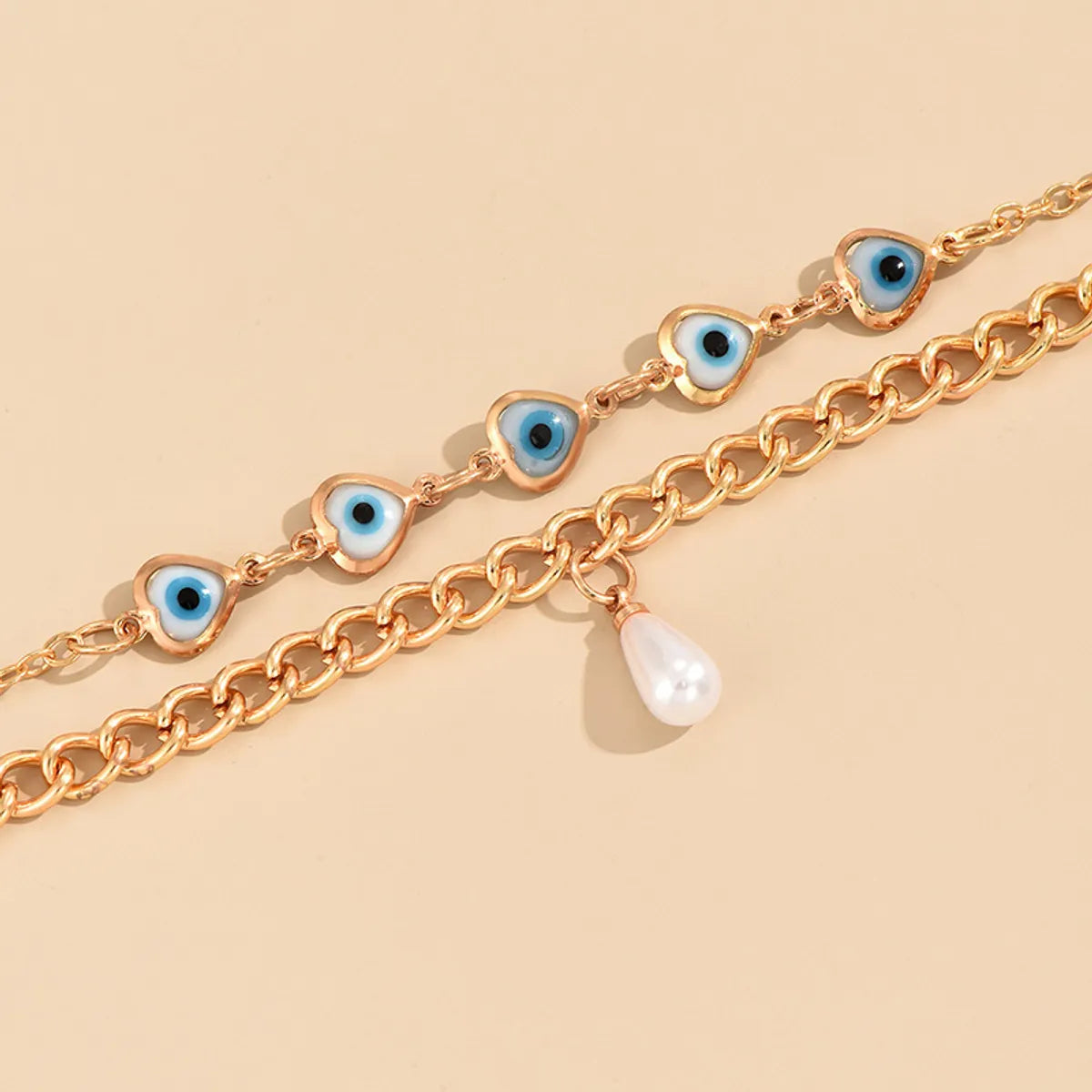 Simple Style Devil's Eye Heart Shape Alloy Layered Inlay Pearl Women's Anklet