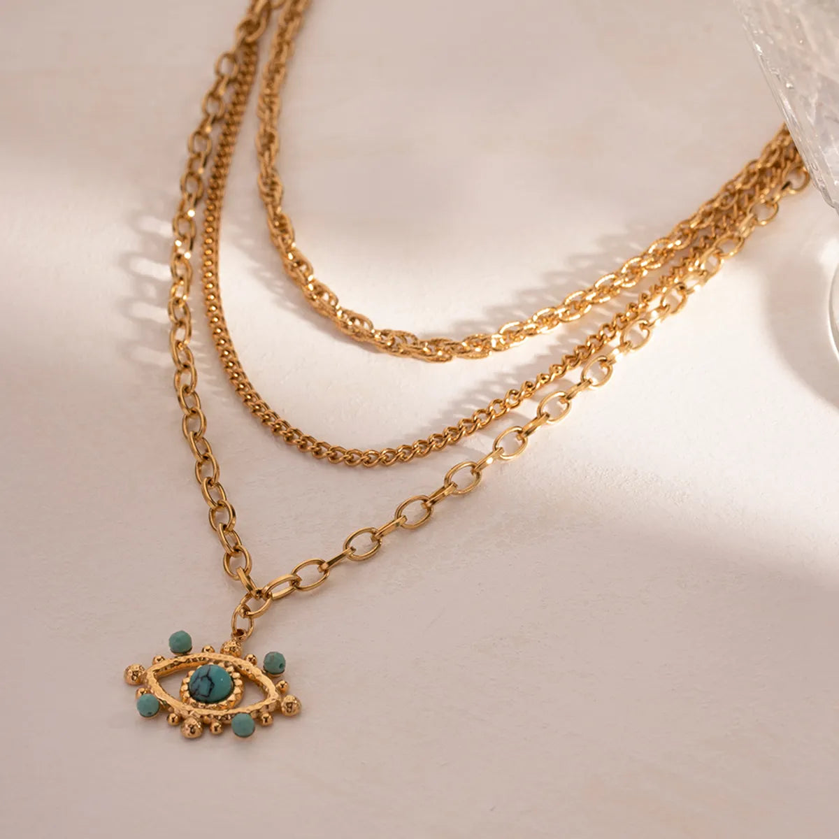 Simple Style Devil's Eye Stainless Steel Plating Inlay Turquoise 18k Gold Plated Three Layer Necklace